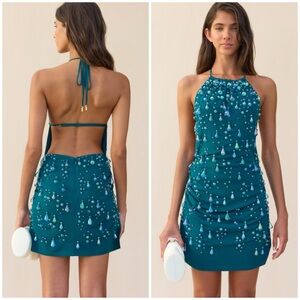 Cult Gaia Artemis Dress Seamoss Teal Embellished Mini SZ S NWT